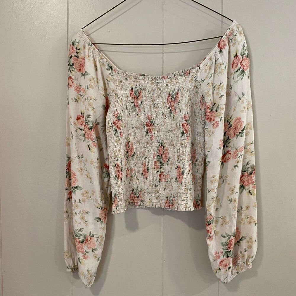 American Eagle Floral Smocked Peasant Top S | Boho Long Sleeve Square Neck Blous